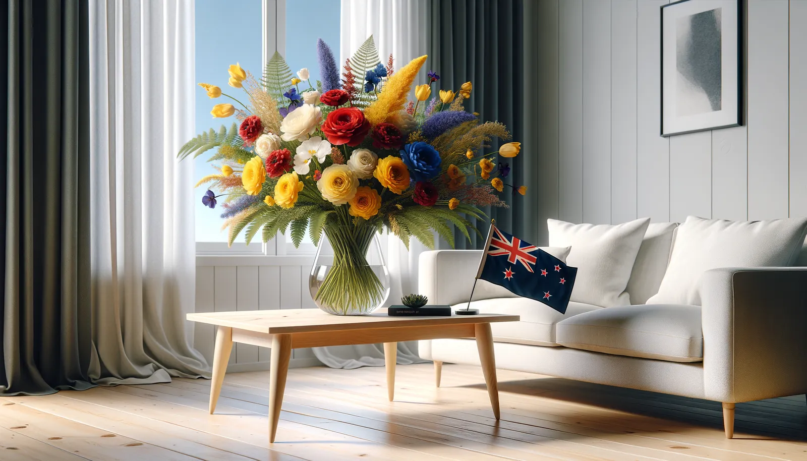 Envoyer des fleurs en Nouvelle-Zélande - bouquet de fleurs inspiré par les couleurs du drapeau de Nouvelle-Zélande