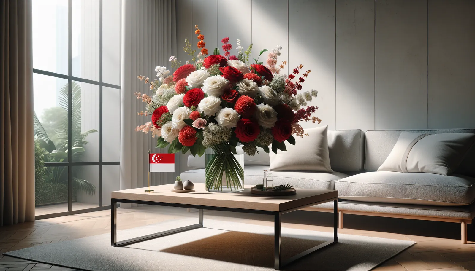 Envoyer des fleurs à Singapour - bouquet de fleurs inspiré par les couleurs du drapeau de Singapour