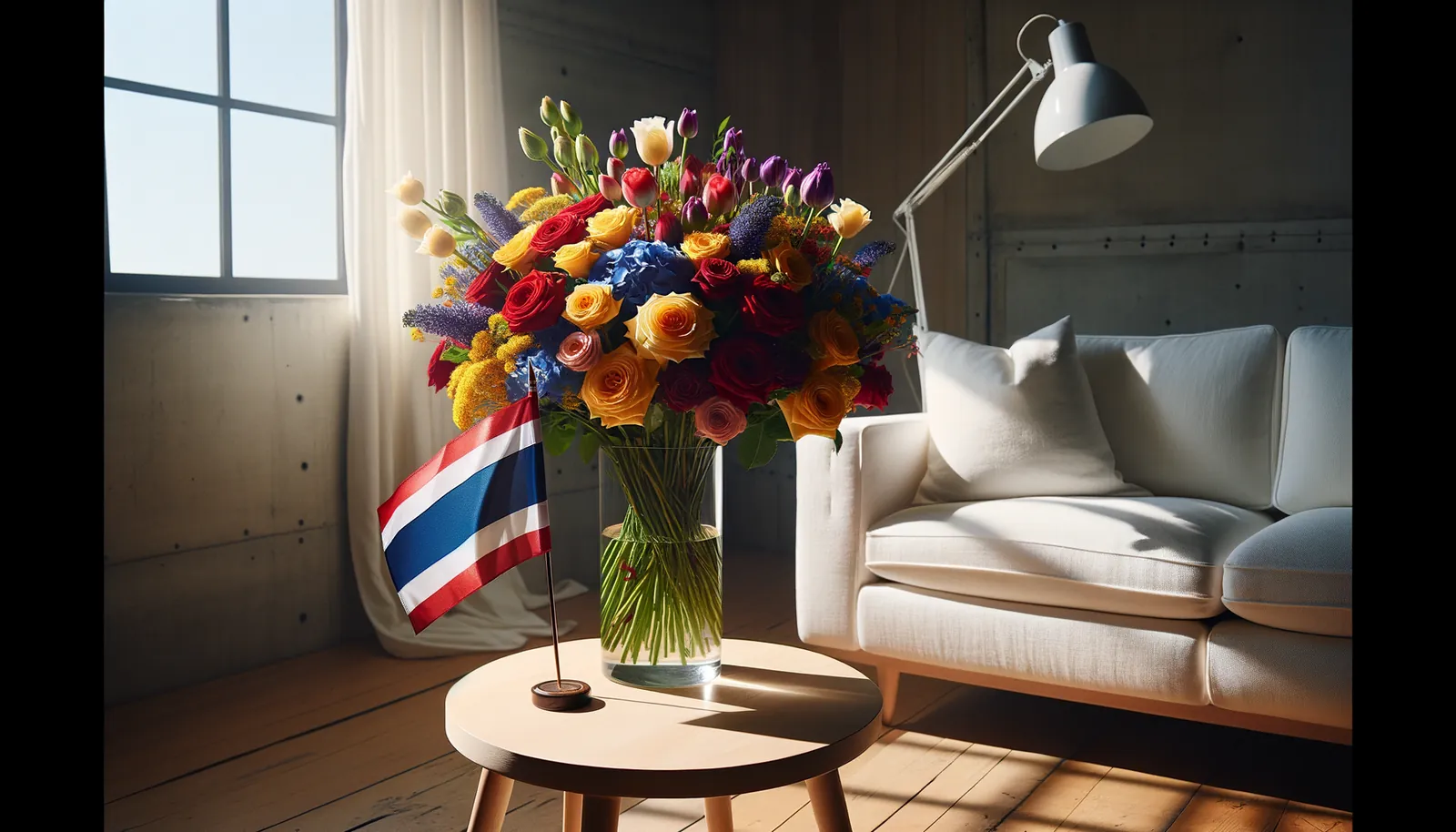 Envoyer des fleurs en Thaïlande - bouquet de fleurs inspiré par les couleurs du drapeau de Thaïlande